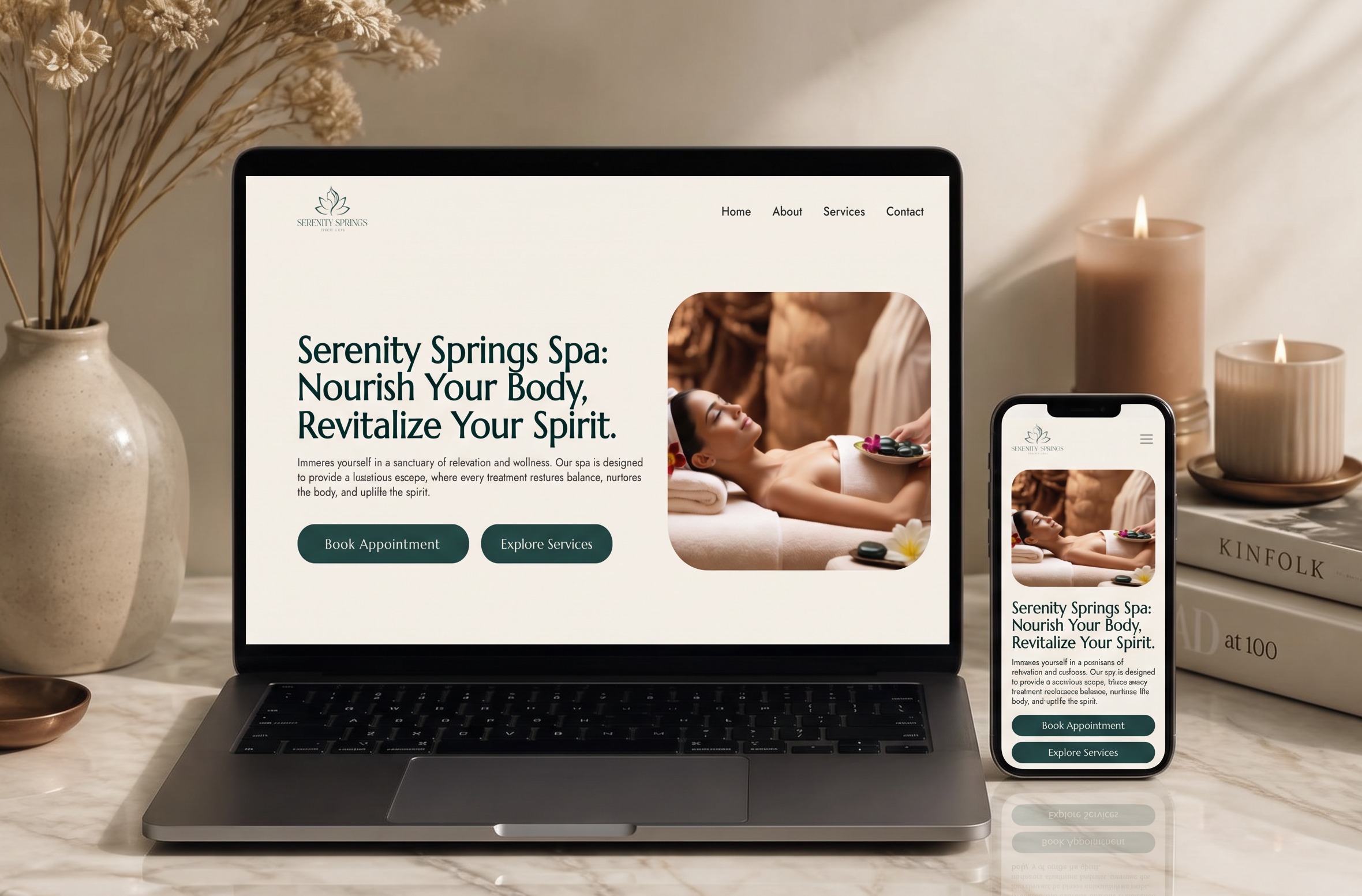 Spa website template shown on laptop and phone with a booking calendar
